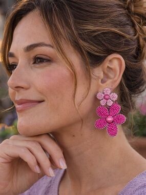 Pink Beaded Statement Earrings Set | XO, Floral & Palm Leaf Trio